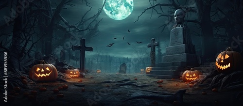 Halloween scene with graveyard pumpkins and skeletons Copy space image Place for adding text or design