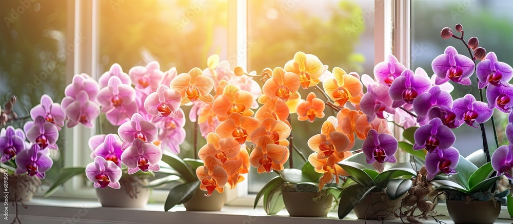 Orchids of various colors bloom as part of a gardening hobby growing indoors on a windowsill Copy space image Place for adding text or design - obrazy, fototapety, plakaty 