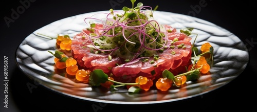 Green round plate with raw ...