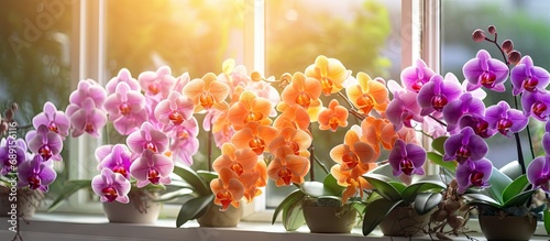 Orchids of various colors bloom as part of a gardening hobby growing indoors on a windowsill Copy space image Place for adding text or design photo