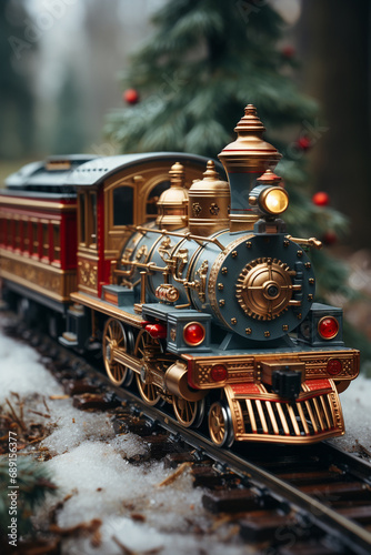 A photo of a Christmas train riding underneath a Christmas tree, Christmas colors