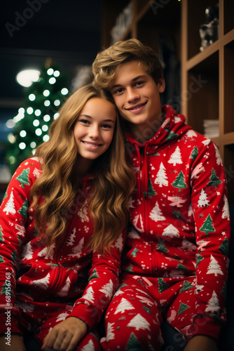  A photo of two teens wearing a red onesie with a Christmas pattern cuddled up on the sofa, a Christmas tree in the background