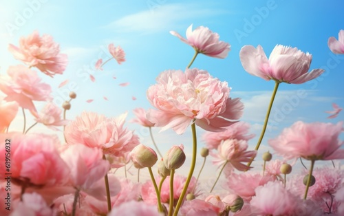 Closeup pink pion flowers in the field on a blue sky background