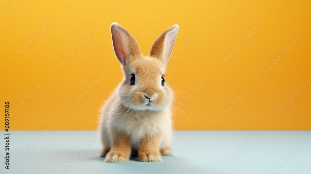 Obraz premium Baby rabbit on yellow background, Easter holiday concept with space for copy