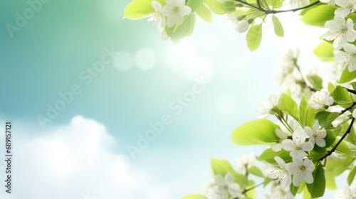 Close up tree branch with green leaves and white cherry blossoms against sunny blue cloudy sky background