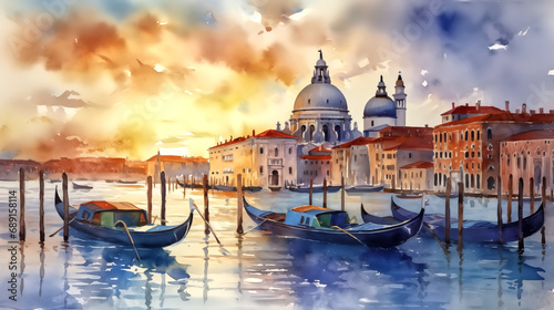 watercolor painting of venice city of italy at sunset background