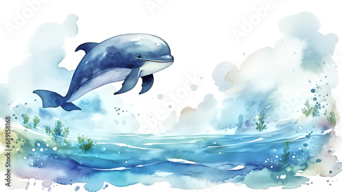 watercolor painting of cute whale in the ocean background