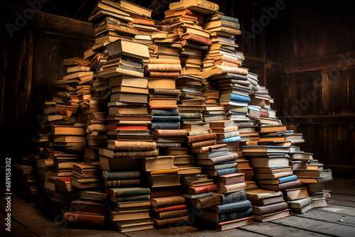 A huge number of old books folded at an angle created with Generative Ai