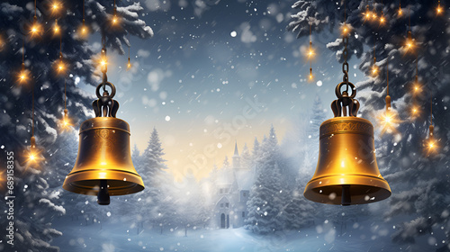 A collection of golden bell ornaments hanging on a snowy christmas background ,Metal golden bell in a christmas party with light.Christmas city street winter blurred background. Xmas tree with snow
