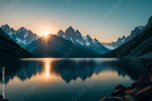 the tranquility of a mountain lake at sunrise, where the still water mirrors the surrounding peaks and the world awakens.