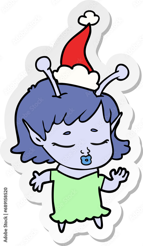 cute alien girl hand drawn sticker cartoon of a wearing santa hat cute alien girl hand drawn sticker cartoon of a wearing santa hat