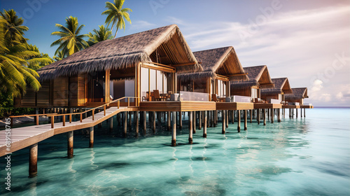 Asian water villas and beautiful sea at sunny day  travel  holidays and resorts concept 