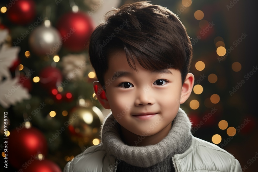 Happy Chinese Boy on a Christmas Background Happy Chinese Boy on a Christmas Background