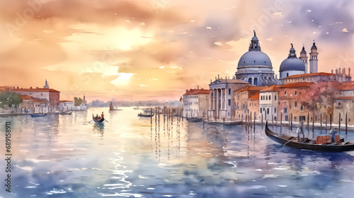 watercolor painting of venice city of italy at sunset background © pasakorn