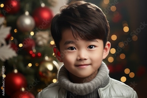 Happy Chinese Boy on a Christmas Background