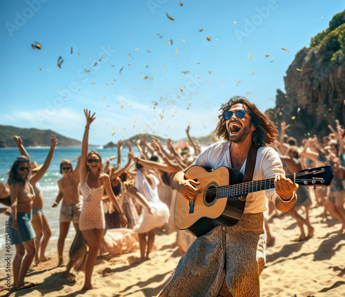 A Long-Haired Man with Sunglasses Singing and Playing Guitar to Music in Front of a Group of Women on the Beach