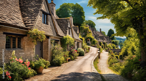 Beautiful idyllic old English village street with cottages made of stone and front garden with flowers,