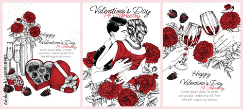 Set of 3 cards for Valentine's Day. Festive dinner, lovers in roses, glasses of wine in hands