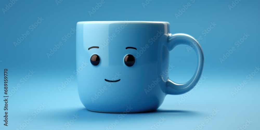 Not Sad blue mug with smiling emoji, on a blue background, blue monday, copy space, banner Not Sad blue mug with smiling emoji, on a blue background, blue monday, copy space, banner