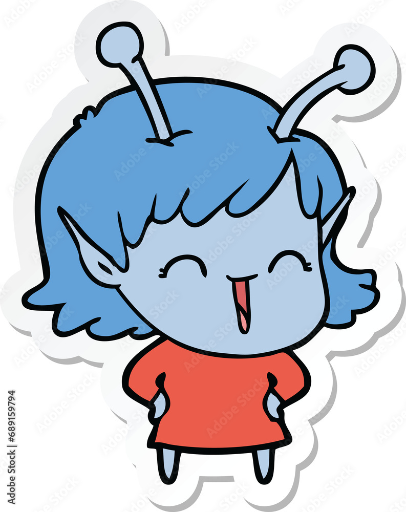 sticker of a cartoon happy alien girl sticker of a cartoon happy alien girl