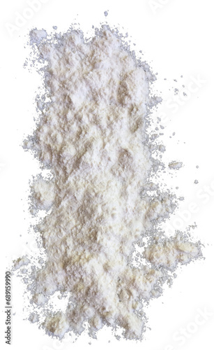 Close up view splattering white flour on isolated background.