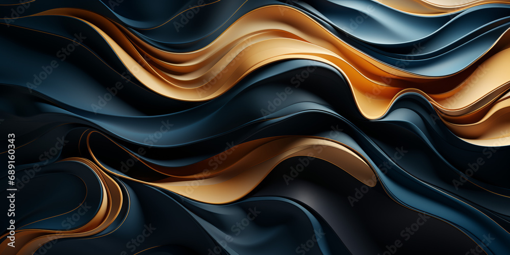 Obraz premium Wellenmotiv in gold mit blauen Farben als Hintergrundmotiv für Webdesign im Querformat für Banner, ai generativ