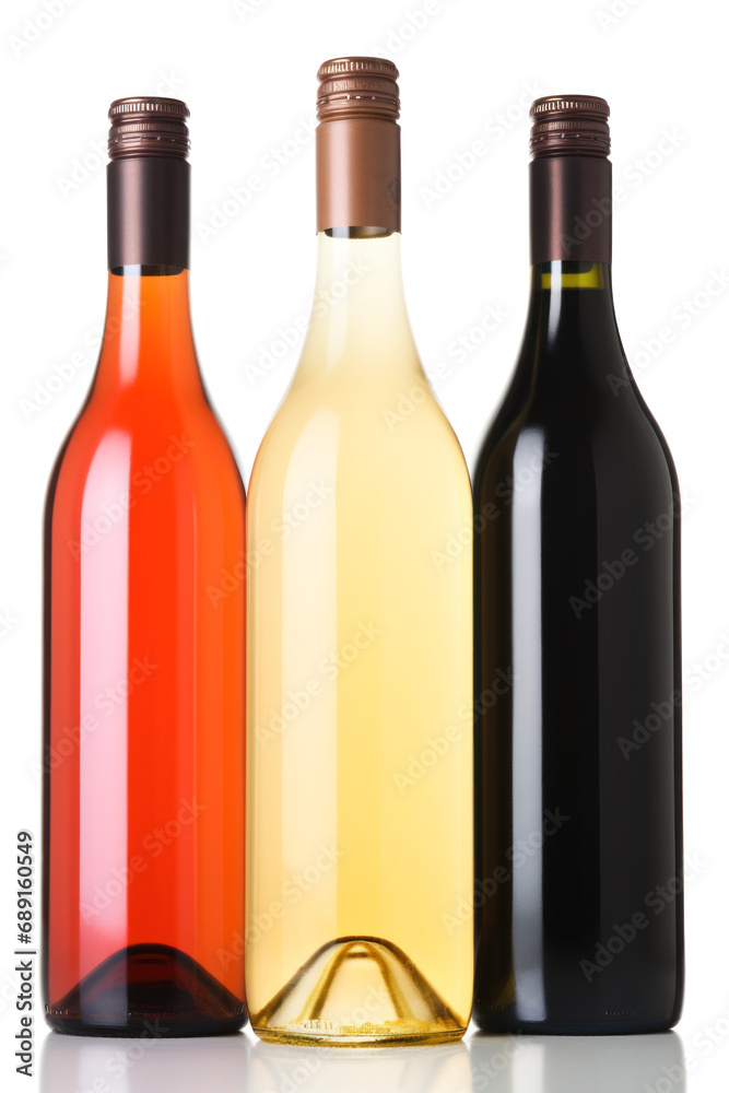 Set of three bottles of wine on white background Set of three bottles of wine on white background