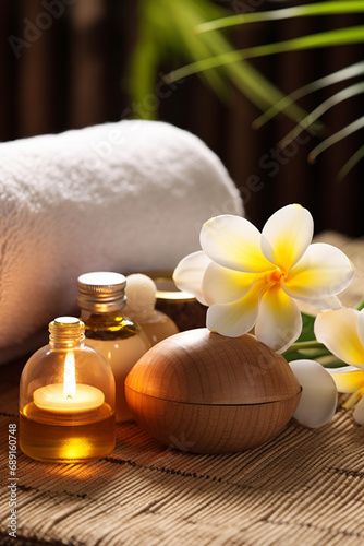 Thai Massage Spa Therapy with Herbal Towel Compress Ball  Coconut Oil  Perfume  Cosmetics  and Plumeria Flower on Massage Bed created with Generative Ai