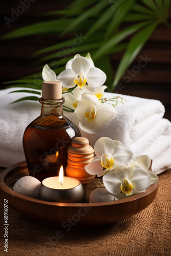 Thai Massage Spa Therapy with Herbal Towel Compress Ball, Coconut Oil, Perfume, Cosmetics, and Plumeria Flower on Massage Bed created with Generative Ai