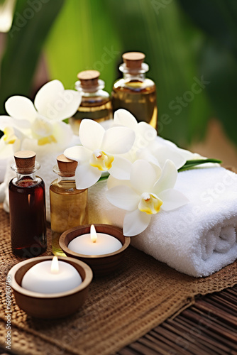 Thai Massage Spa Therapy with Herbal Towel Compress Ball, Coconut Oil, Perfume, Cosmetics, and Plumeria Flower on Massage Bed created with Generative Ai