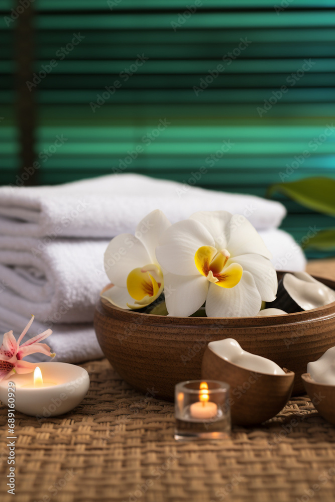 Thai Massage Spa Therapy with Herbal Towel Compress Ball, Coconut Oil, Perfume, Cosmetics, and Plumeria Flower on Massage Bed created with Generative Ai Thai Massage Spa Therapy with Herbal Towel Compress Ball, Coconut Oil, Perfume, Cosmetics, and Plumeria Flower on Massage Bed created with Generative Ai
