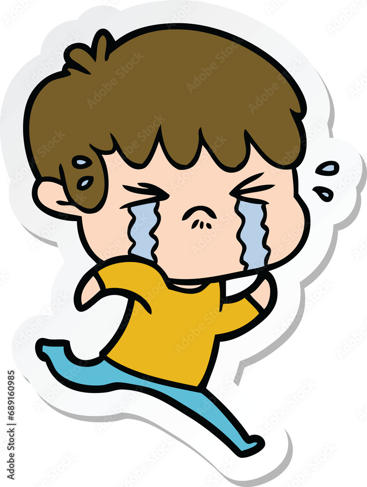 sticker of a cartoon boy crying