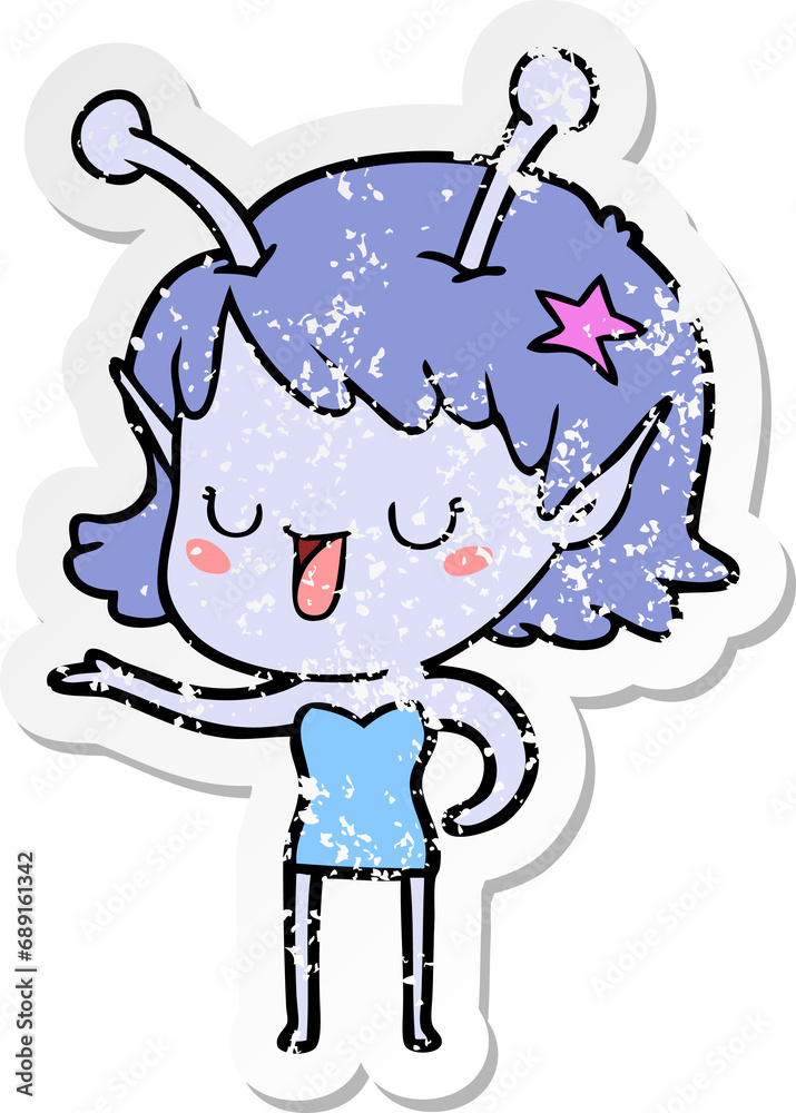 distressed sticker of a happy alien girl cartoon laughing distressed sticker of a happy alien girl cartoon laughing