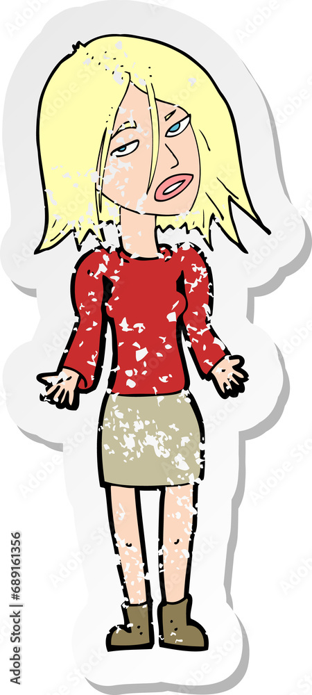 retro distressed sticker of a cartoon woman shrugging shoulders retro distressed sticker of a cartoon woman shrugging shoulders