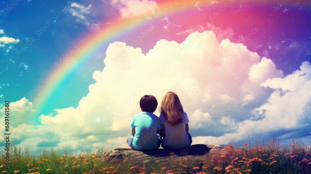 Young couple sitting on the grass and looking at the rainbow in the sky