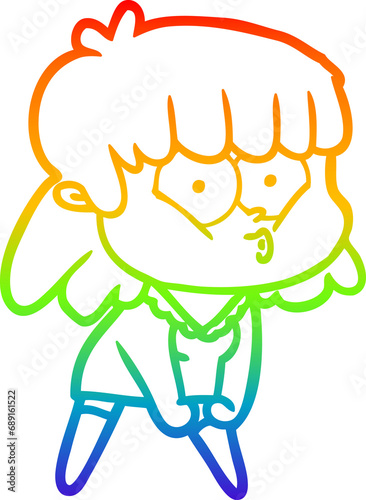 rainbow gradient line drawing of a cartoon whistling girl