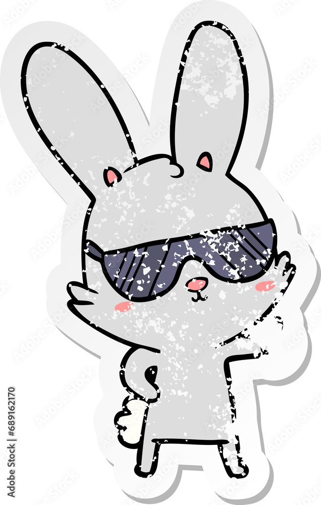 distressed sticker of a cute cartoon rabbit wearing sunglasses distressed sticker of a cute cartoon rabbit wearing sunglasses
