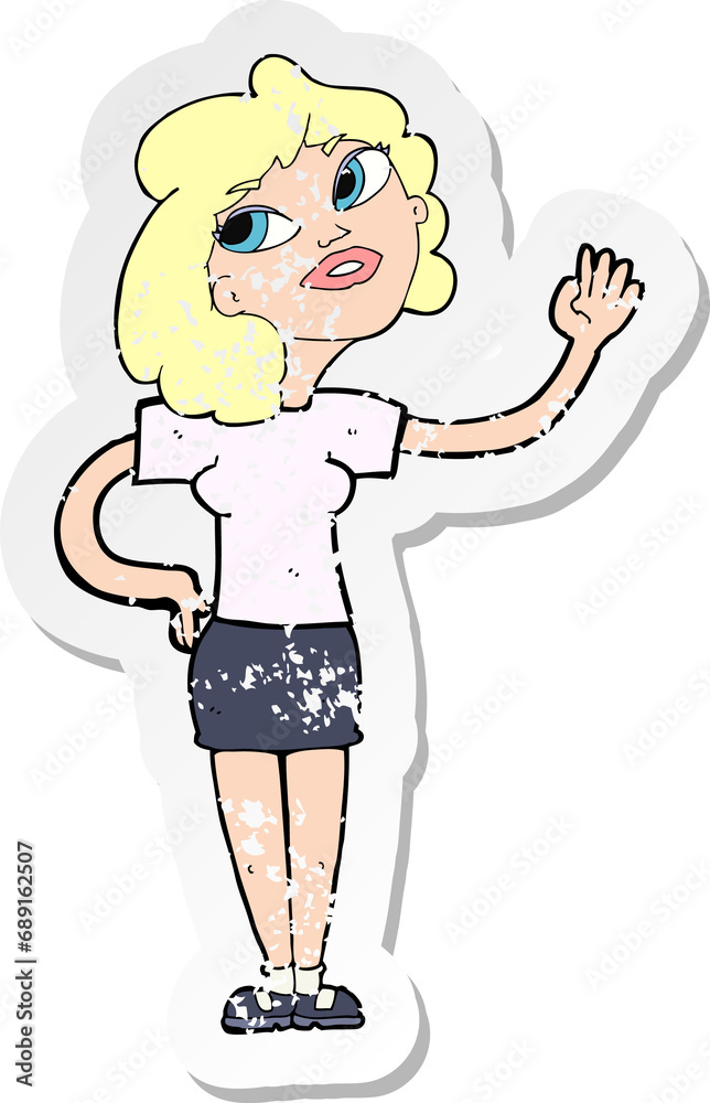 retro distressed sticker of a cartoon woman waving retro distressed sticker of a cartoon woman waving