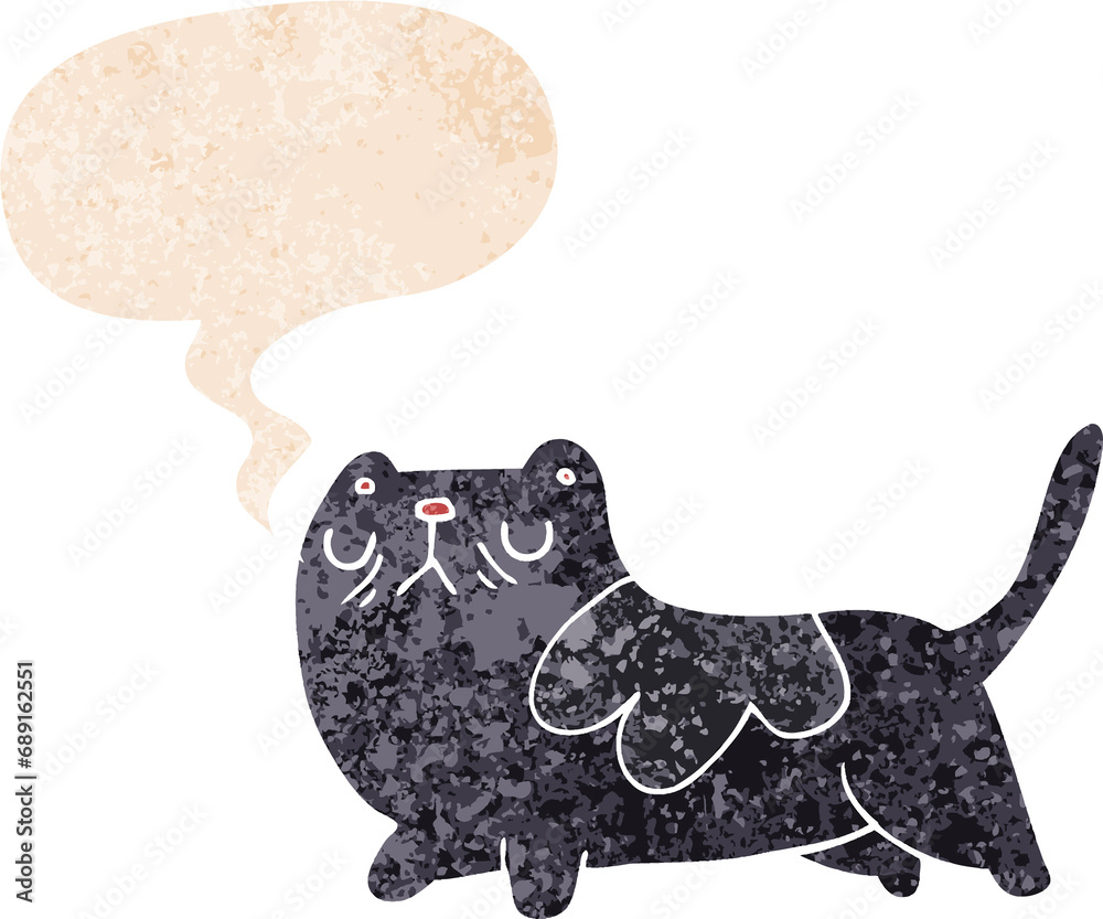 cartoon cat with speech bubble in grunge distressed retro textured style cartoon cat with speech bubble in grunge distressed retro textured style
