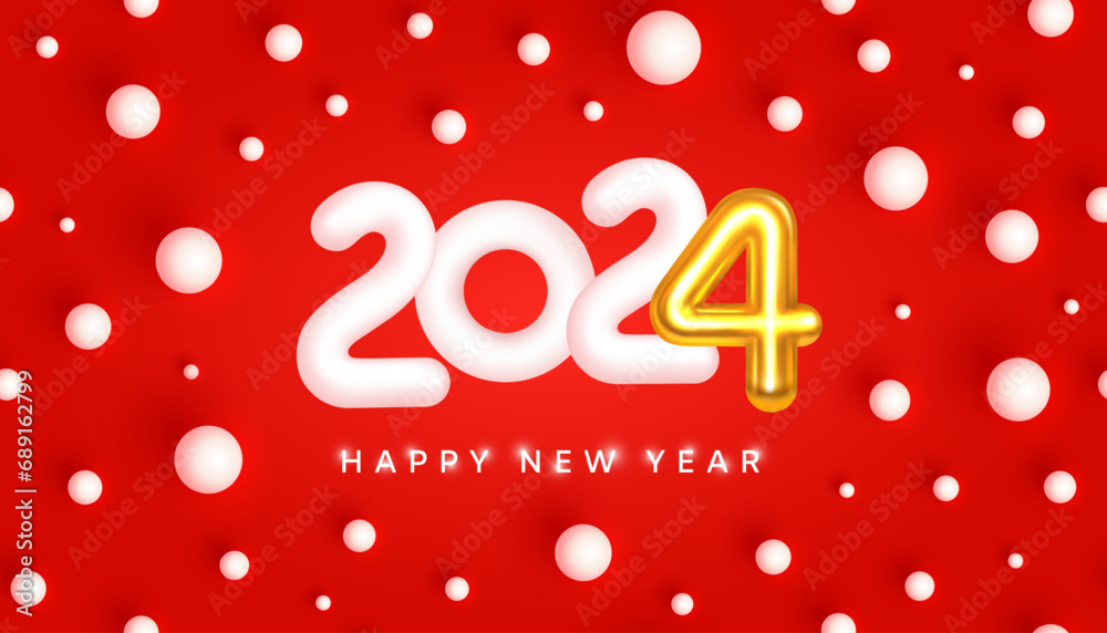 2024 New Year Greeting Card. Snowy White and Gold Metal Number 2024 and White Snowballs on Red Background. Wishes for a Happy New Year. Holiday Design Template. Vector 3d realistic graphics