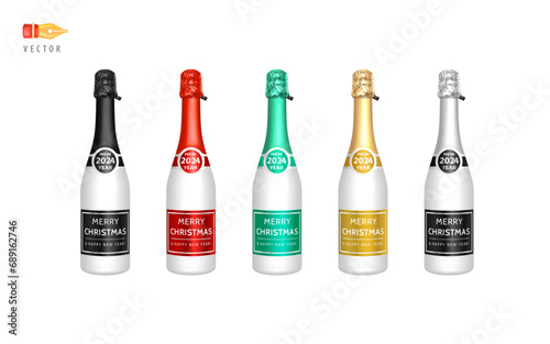 White Champagne Bottles Set. Champagne with Label Merry Christmas and Happy New Year 2024. Realistic Bottles of Sparkling Wine with Labels in Red, Green, Gold, Black, Silver colors. 3d Vector objects