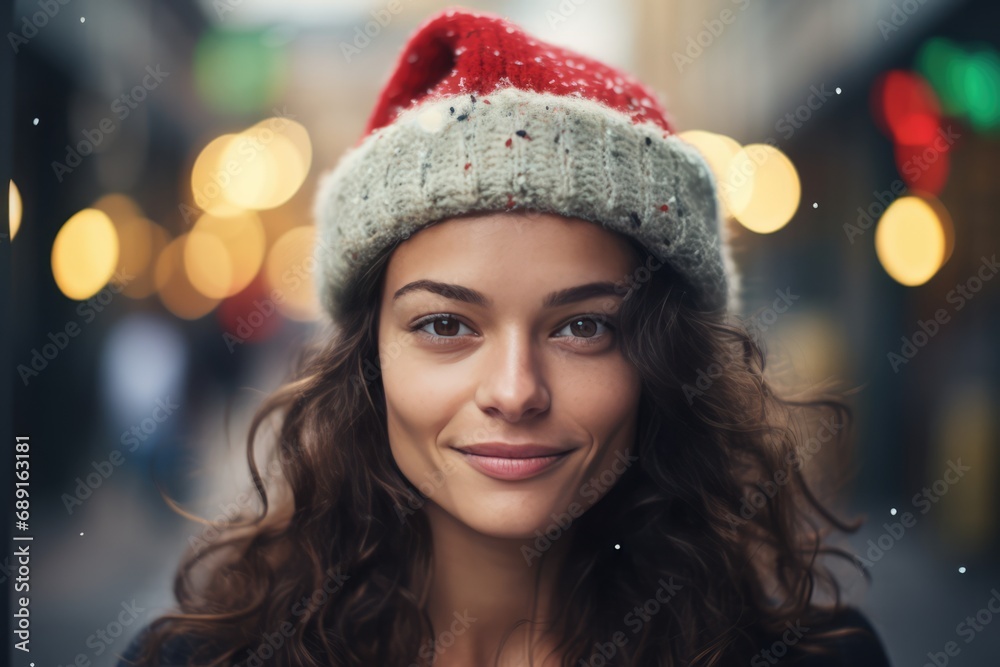 Beautiful European Woman In Santa Hat. Сoncept Autumn Foliage, Winter Wonderland, Festive Christmas Lights, Vintage Aesthetic Beautiful European Woman In Santa Hat. Сoncept Autumn Foliage, Winter Wonderland, Festive Christmas Lights, Vintage Aesthetic