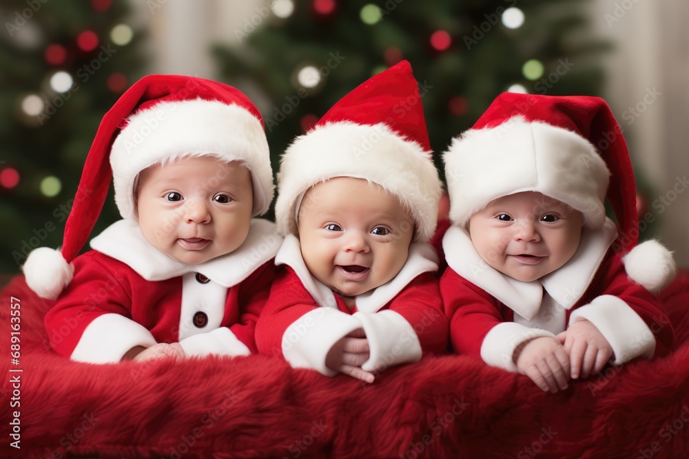 Adorable Three Santa Claus Babies Capturing The Joy Of A Themed Photo Shoot, Triplets Adorable Three Santa Claus Babies Capturing The Joy Of A Themed Photo Shoot, Triplets