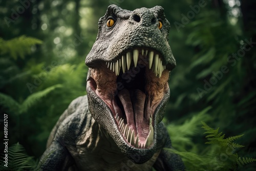 Angry Trex Face In Jungle With Forest Background.   oncept Dramatic Wildlife Portraits  Jungle Adventure Shoot  Angry Dinosaur Theme  Enchanted Forest Setting