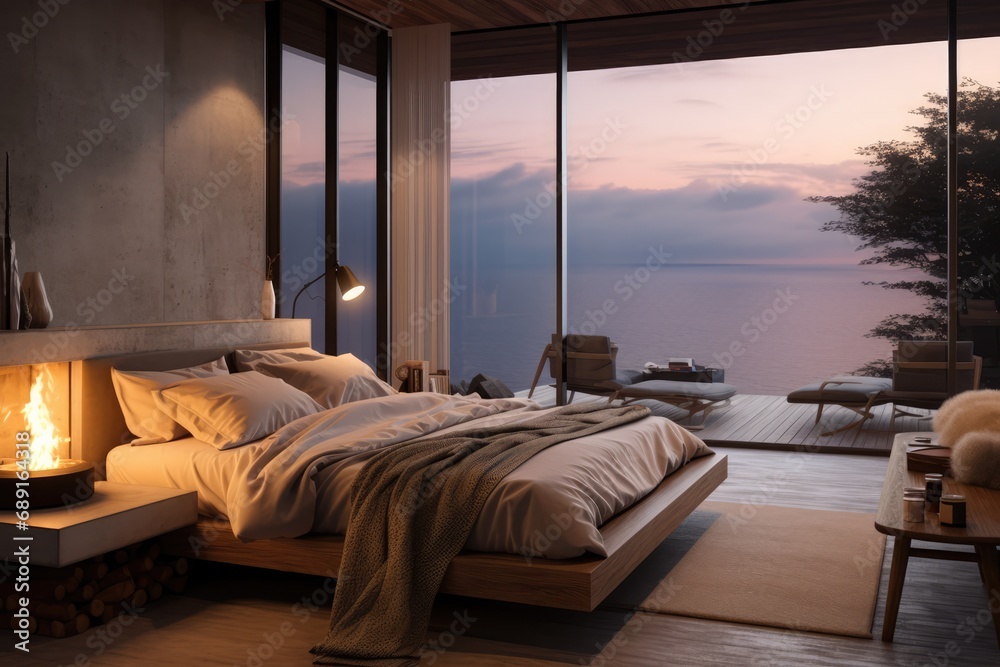 Fototapeta premium Cozy Bedroom Scene Tranquil Setting With View