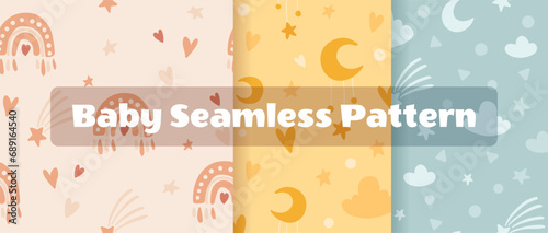 Cute Baby Seamless Pattern Set. Bohemian Gender Neutral vector repeat illustrations with sky, clouds, moon, stars, rainbow, sun. Boho Warm Colors for children textile, decor, nursery room