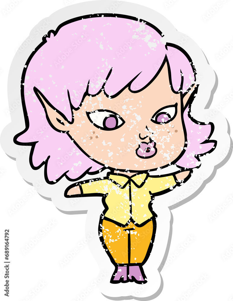 distressed sticker of a pretty cartoon elf girl