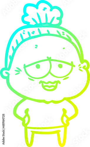 cold gradient line drawing of a cartoon happy old lady