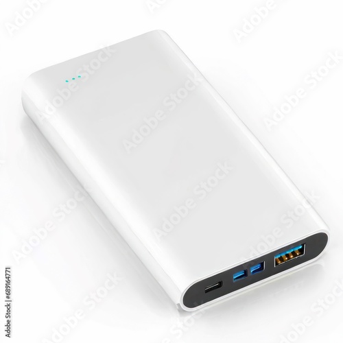 Quick-charge powerbank for electronic devices, white insulated bottom, technology concept, generative ai