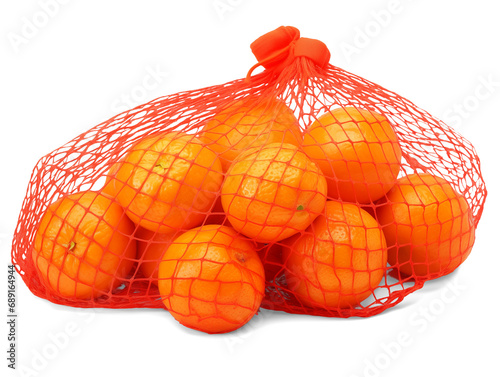 Tangerines in a red mesh bag isolated on transparent or white background, png
